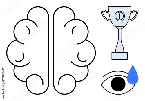 Brain creativity concept. Brain image linked to creativity and innovation. Brain creativity highlighted by achievement elements thumbs up a trophy and emotional expression with an eye and tear