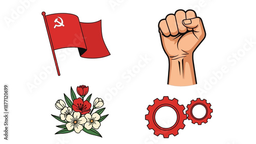 Illustration of symbols representing socialism and labor unity with a raised fist, red flag, flowers, and gears in a harmonious arrangement