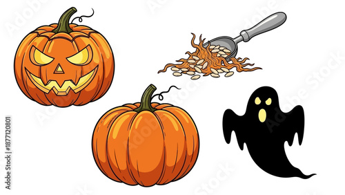 Carving pumpkins with a spoon and a ghost hovering nearby on Halloween night outdoors