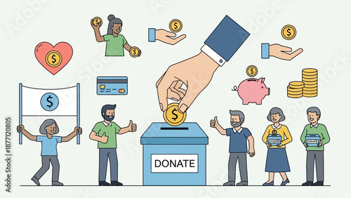 Illustration of people and hands donating money to a charity box, symbolizing philanthropy and financial support for social causes.