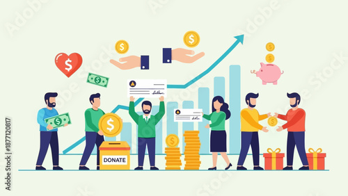 An illustration depicting various people engaged in financial activities such as donating, saving, investing, and growing wealth, with symbols of money, charity, and economic growth.