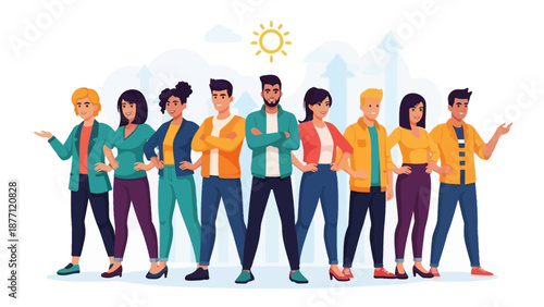 A diverse group of men and women standing together, representing teamwork, community, and professional collaboration with a positive outlook.