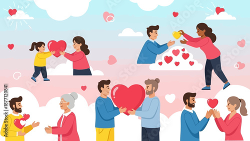 Diverse people of all ages sharing and exchanging hearts, symbolizing love, care, and connection in a gentle, cloudy sky setting.