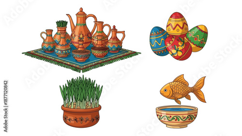 Traditional Easter celebration illustration with teapots, eggs, grass, and fish on a decorative table setting