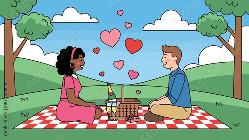 A diverse couple enjoys a romantic picnic date in a lush green park with hearts floating between them, symbolizing love and affection.