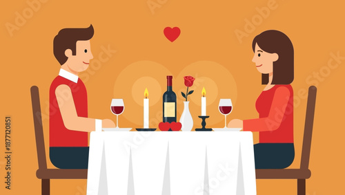 Flat illustration of a couple enjoying a romantic dinner date with wine and candles, symbolizing love and affection.