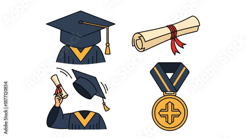 Graduation ceremony elements including caps, diplomas, and medals depicted in a celebratory illustration