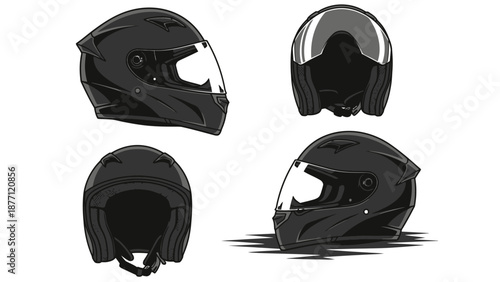 Motorcycle Helmet Designs Displayed from Multiple Angles in a Clean Setting