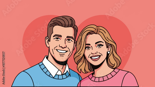 Smiling cartoon couple with a heart background, depicting love and happiness in a romantic relationship illustration.