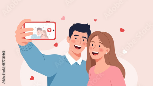 Happy young couple taking a romantic selfie together with a smartphone, surrounded by floating hearts, symbolizing love and modern connection.
