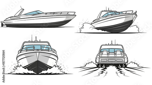 Vector illustrations of a yacht from multiple angles, showcasing its design and movement on water