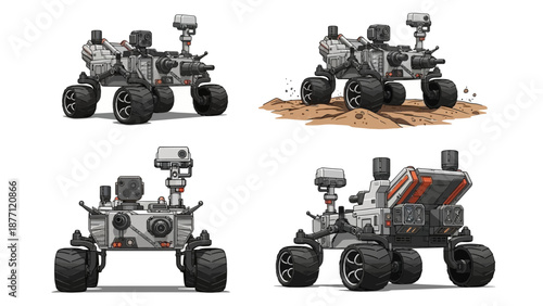 Robot rover vehicle multiple views showcasing technology and machinery in various environments and angles