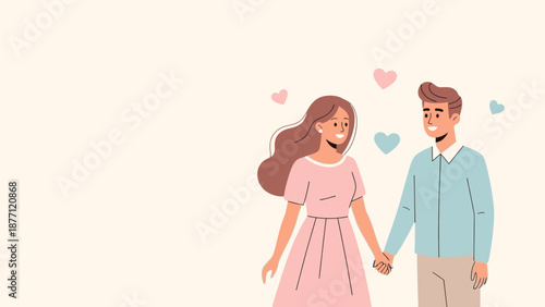A happy young couple holding hands with floating hearts, symbolizing love and romance and togetherness.