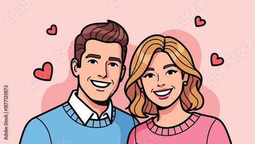A happy cartoon couple, a man and a woman, smiling with hearts floating on a pink background, symbolizing love and affection.