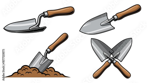 Set of gardening trowels with wooden handles on white background