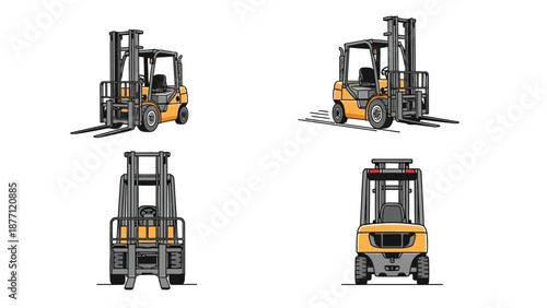 Forklifts in various orientations and views showcasing industrial machinery in operation