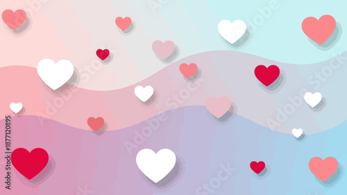 Pastel background with floating red and white hearts creating a romantic and gentle pattern.