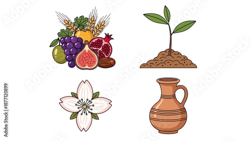 Collection of vibrant fruits, blooming flower, clay pot, and sprouting plant, showcasing nature's beauty from a straightforward viewpoint