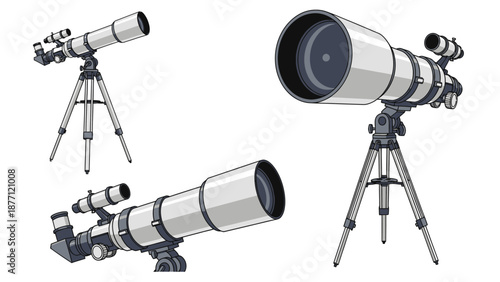 Telescopes on tripods viewed from various angles, showcasing astronomy equipment in a technical illustration