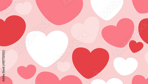 A romantic and vibrant seamless pattern featuring numerous hearts in various shades of pink, red, and white, creating a lovely background.