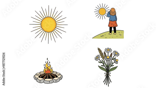 Person holding sun symbol standing on hill near campfire and flowers illustration