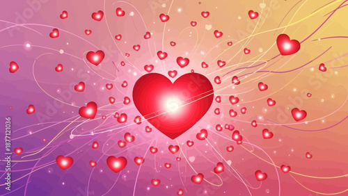Vibrant red heart glowing amidst a burst of smaller hearts and abstract light trails on a colorful gradient background.
