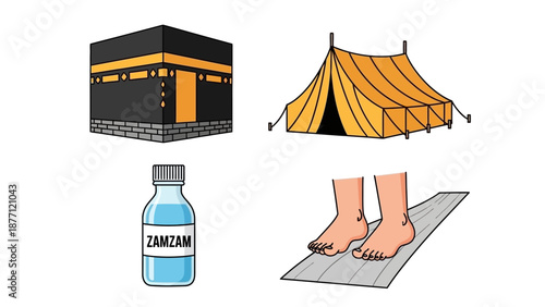 Pilgrimage scene depicting Kaaba, tent, Zamzam water, and prayer ritual on a mat