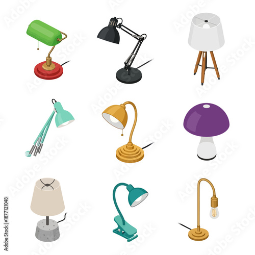 Collection of various desk lamps and lighting fixtures displayed on a white background from a straightforward viewpoint