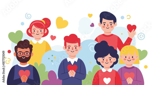 Diverse group of happy people holding hearts, symbolizing love, community, and kindness in a cheerful illustration.