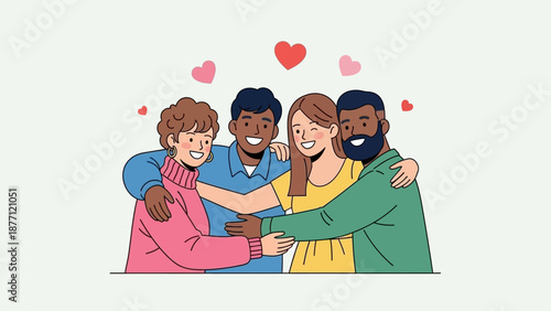 Diverse group of happy friends embracing each other with hearts, symbolizing love, unity, and strong bonds.