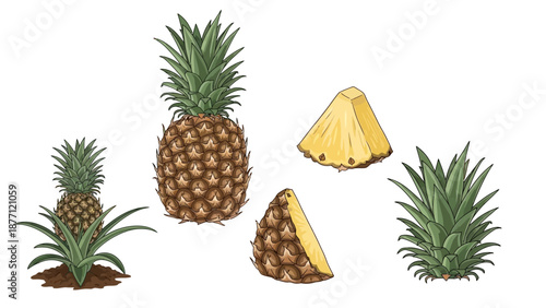 Illustration of pineapples and slices viewed from above on a clean background