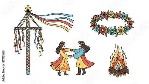 Traditional folk dance around a maypole with floral wreath and bonfire, celebrating cultural heritage and community spirit
