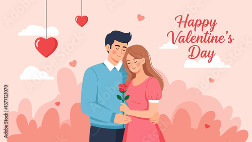 A happy couple embracing on Valentine's Day, with the man presenting a red rose to the woman, surrounded by hearts and a pink background.
