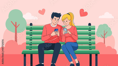 An illustrated young couple sitting on a park bench, both engrossed in their smartphones, with hearts floating above them in a romantic park setting.