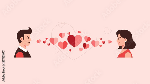 Digital illustration depicting a man and a woman exchanging hearts, symbolizing romantic love and emotional connection.