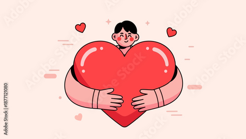 An illustration of a person with dark hair happily hugging a giant red heart, surrounded by smaller hearts and dashed lines on a light pink background, symbolizing love and affection.