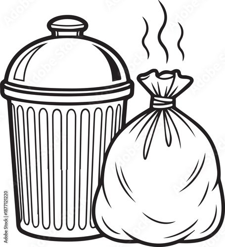 A black-and-white line art illustration of a traditional lidded trash can next to a full garbage bag with steam or odor lines rising from it.