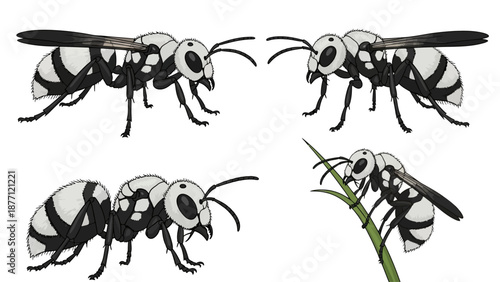 Illustrations of wasps in various poses and angles on a stem