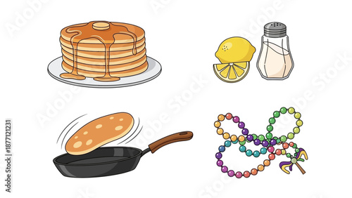 A stack of pancakes on a plate with lemon and syrup, alongside a flipping pancake and mardi gras beads on a white surface from a top view