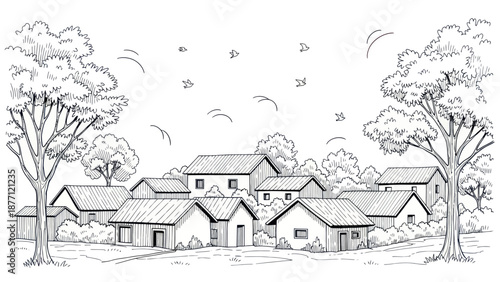 A charming village scene with traditional houses and lush trees.