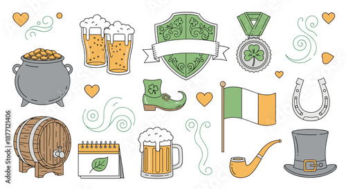 A collection of colorful St. Patrick's Day icons including a pot of gold, beer, and a shamrock in a fun doodle style.