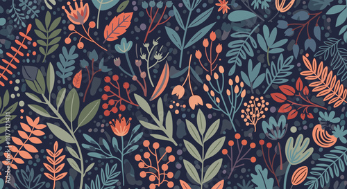 A dense and colorful seamless botanical pattern of various stylized flowers, leaves, and berries on a dark navy background.