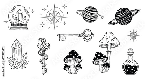 A set of magical and mystical icons hand-drawn in a detailed black and white vintage engraving or etching art style.