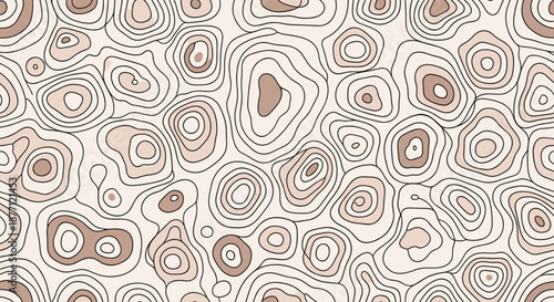 An abstract seamless pattern of topographic map contour lines in shades of beige and brown, creating an organic, flowing texture.