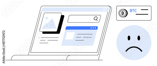 Cryptocurrency loss. Digital illustration showing financial issues with Bitcoin and cryptocurrency loss. Highlighting data breaches and risks in blockchain transactions. For fintech, cybersecurity