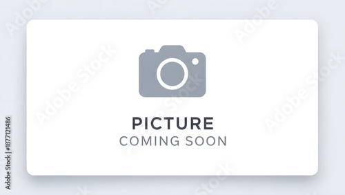 Clean minimal placeholder graphic with a camera icon and the text picture coming soon on a light background