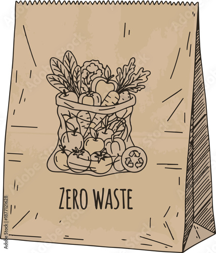 A brown paper grocery bag featuring a "Zero Waste" label and a line art illustration of fresh vegetables and fruits in a reusable mesh bag, symbolizing sustainable shopping.