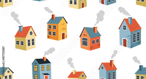 A whimsical seamless pattern of colorful, quirky cartoon houses with smoking chimneys on a clean white vector background.