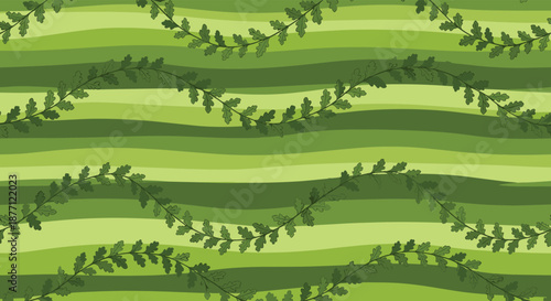 A seamless pattern of delicate oak leaf vines waving over a background of wide, wavy green stripes of varying shades.