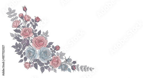 A beautiful floral corner arrangement of pink and blue roses with leaves in a vintage, slightly faded watercolor style.